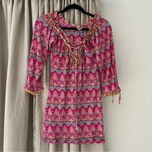 Luli Fama Ruffle V Neck Dress Pink Mini Swim Coverup Dress